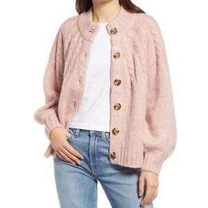 Madewell Small Harwood Cable Knit Mock Neck Cardigan Light Pink Heather Blush